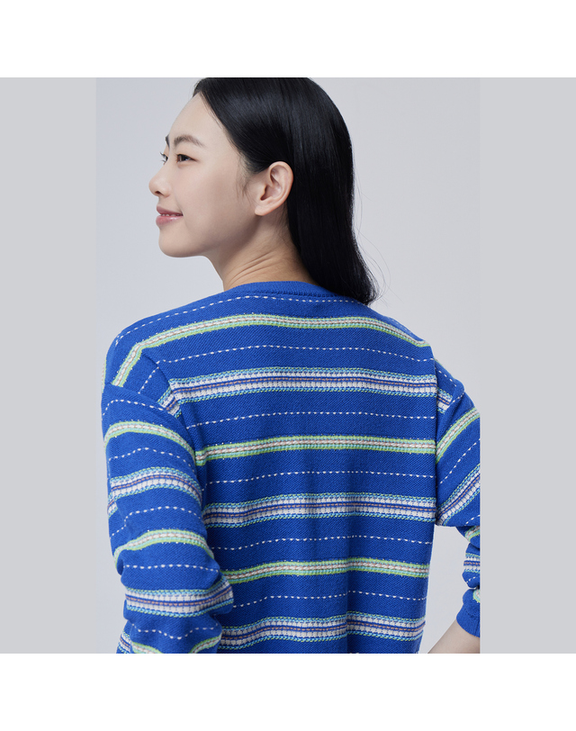 베네통 스트라이프 니트 집업 가디건_BAKC53631BL 착용컷