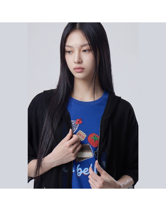 베네통 스트로베리 크로셰 후드 집업 가디건_BAKC63631BK 착용컷