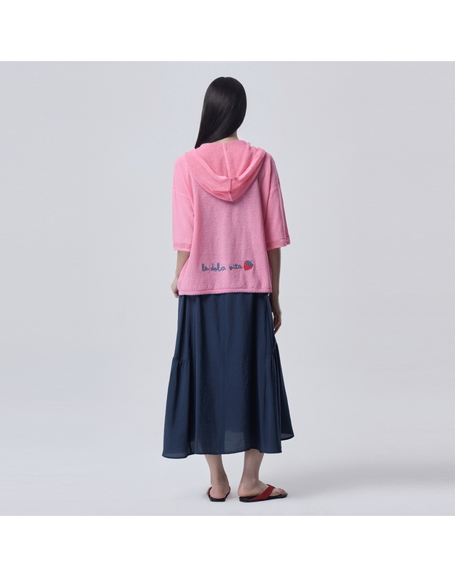 베네통 스트로베리 크로셰 후드 집업 가디건_BAKC63631PK 착용컷