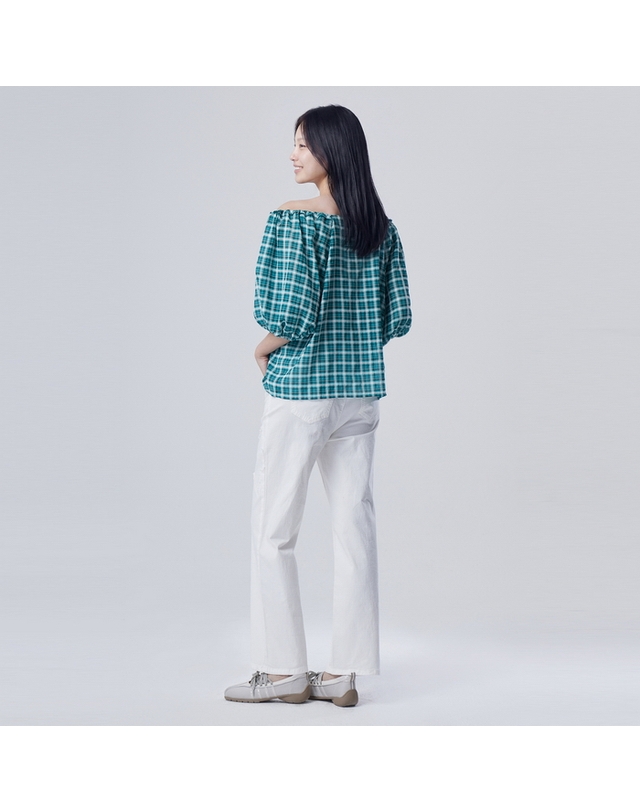 베네통 투웨이 체크 블라우스_BABL55631GN 착용컷