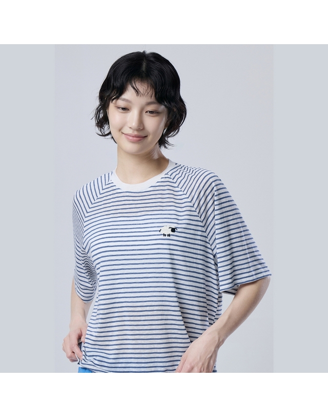 베네통 스트라이프 시어 반팔 티셔츠_BATS88631BL 착용컷