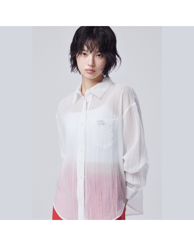 베네통 이중 카라 시어 블라우스_BABL14641WH 착용컷