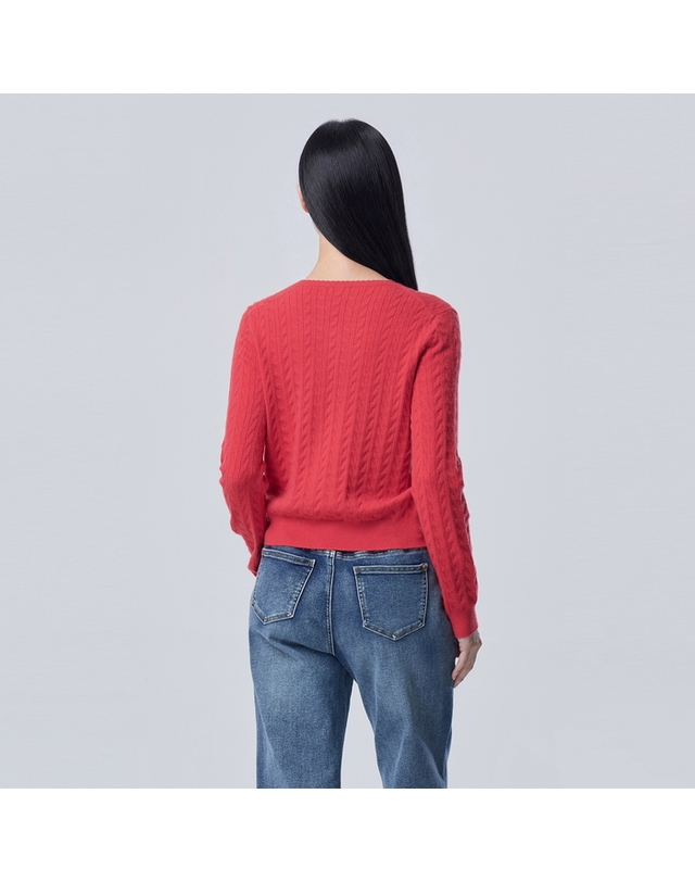 베네통 [Online Exclusive] 배색 라인 케이블 슬림 가디건_BAKCE2661RD 착용컷