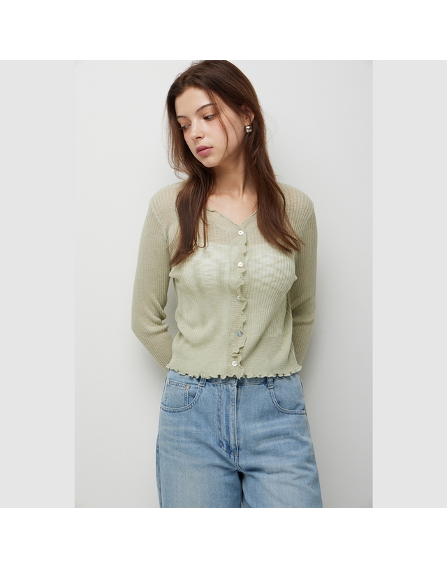 시슬리 [Online Exclusive] 브이넥 골지 러플 가디건_SAKCE3641MT 착용컷