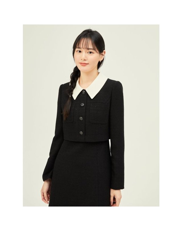 제이제이지고트 JJ JIGOTT [갤러리아] 배색 칼라 재킷 A라인 원피스(GP9M0OP901) 착용컷