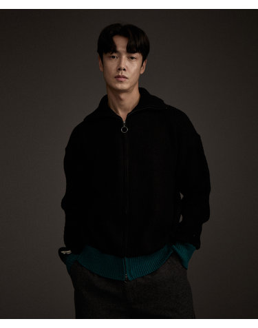 리오더 컬러 믹스 니트 집업 가디건 블랙