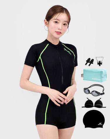 아쿠아티카 여성 2부 반팔 집업 수영복 AQA27511 일반용수경 파우치 코클립 7종세트 AQA27511파우치세트