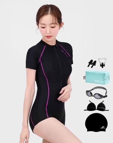 아쿠아티카 여성 2부 반팔 집업 수영복 AQA27513 일반용수경 파우치 코클립 7종세트 AQA27513파우치세트