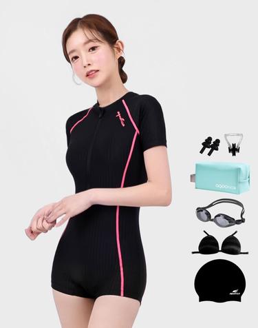 아쿠아티카 여성 2부 반팔 집업 수영복 AQA27514 일반용수경 파우치 코클립 7종세트 AQA27514파우치세트