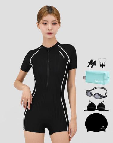 아쿠아티카 여성 2부 반팔 집업 수영복 AQA27515 일반용수경 파우치 코클립 7종세트 AQA27515파우치세트