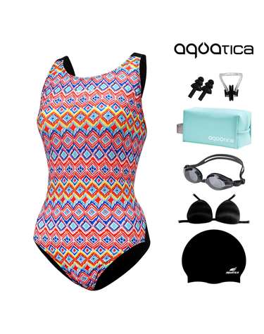 아쿠아티카 여성 미들컷 실내 수영복 AQA1498 일반용수경 파우치 코클립 7종세트 AQA1498파우치7종세트