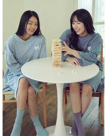 강아지 스트라이프 홈웨어 트임 롱원피스 잠옷