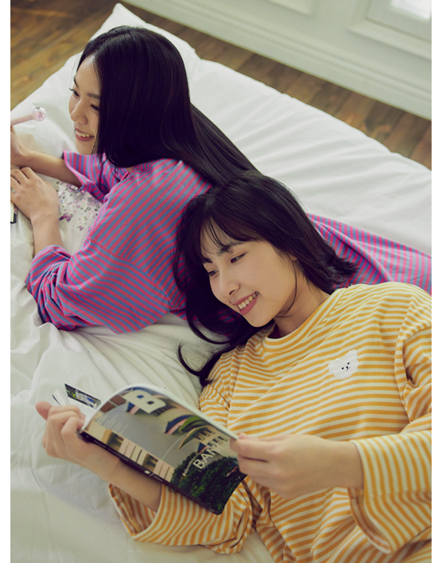 마른파이브 강아지 스트라이프 홈웨어 트임 롱원피스 잠옷 착용컷