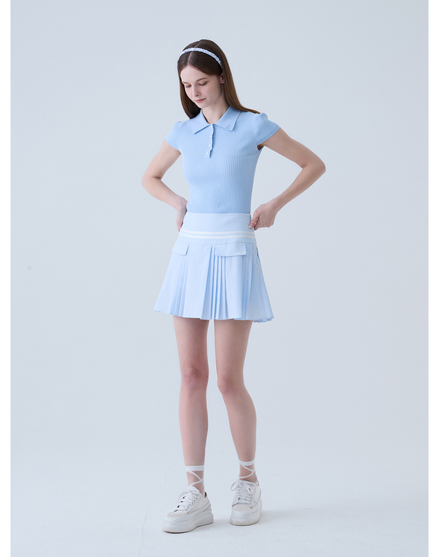로드로아르 플랩 언발란스 플리츠 스커트 BLUE 착용컷