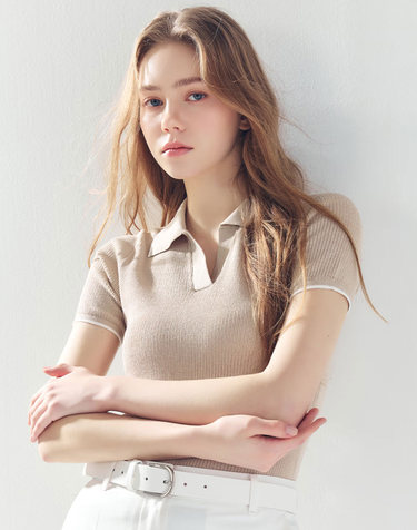 스카시 배색 카라 니트 BEIGE