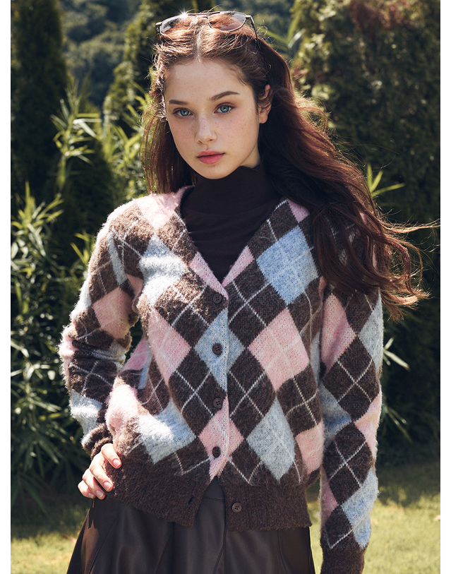 로드로아르 아가일 V넥 가디건 BROWN 착용컷