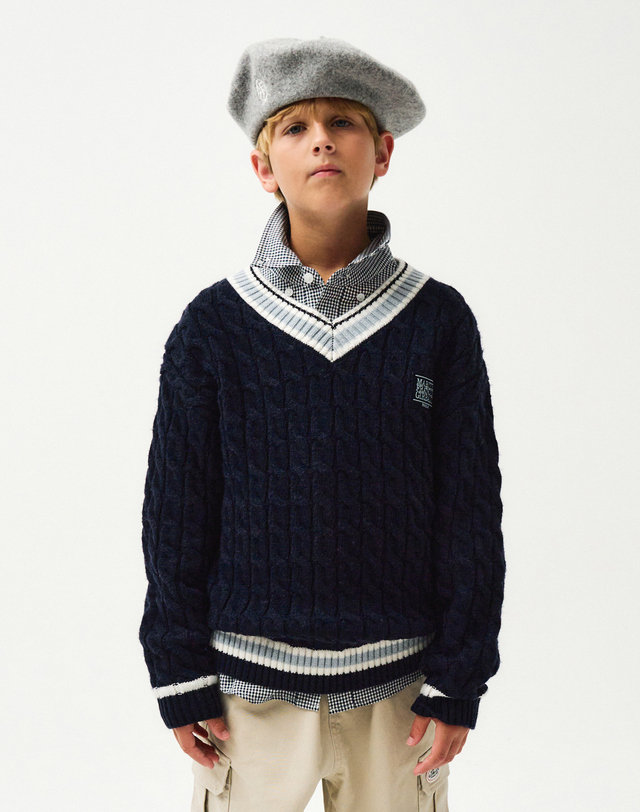 마리떼 키즈 마리떼 키즈 ENFANT V NECK CABLE KNIT navy 착용컷