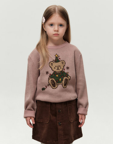 마리떼 키즈 KIDS HOLIDAY BEAR KNIT PULLOVER gray pink
