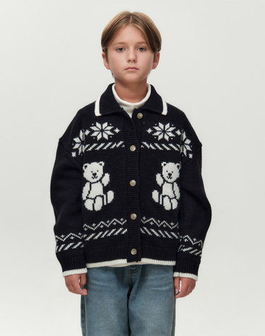 마리떼 키즈 KIDS NORDIC BEAR KNIT COLLAR CARDIGAN navy