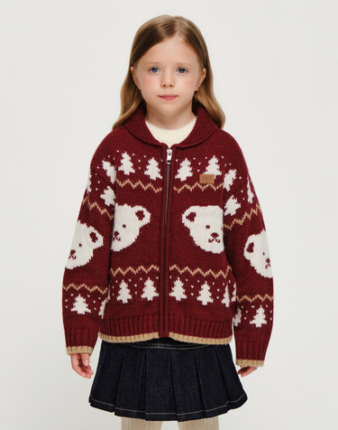 마리떼 키즈 KIDS NORDIC KNIT ZIP-UP CARDIGAN burgundy