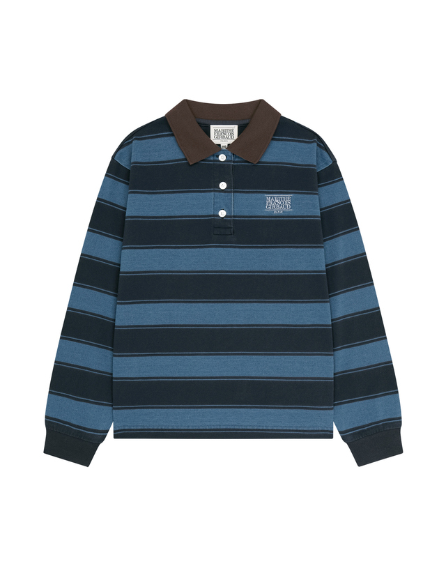 마리떼 키즈 마리떼 키즈 KIDS MICRO CLASSIC LOGO STRIPED COLLAR LONG SLEEVE TEE navy 착용컷