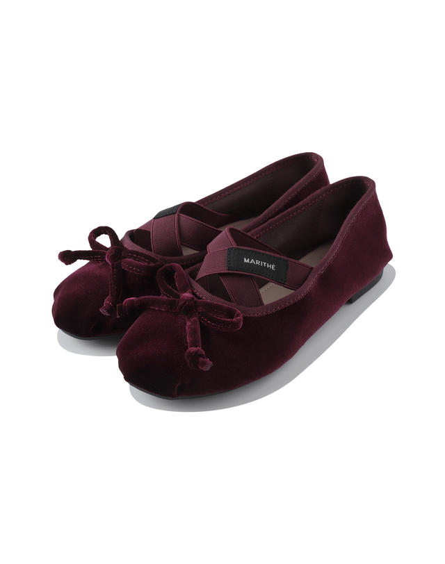 마리떼 키즈 마리떼 키즈 KIDS W CROSS BANDING VELVET FLAT SHOES burgundy 착용컷