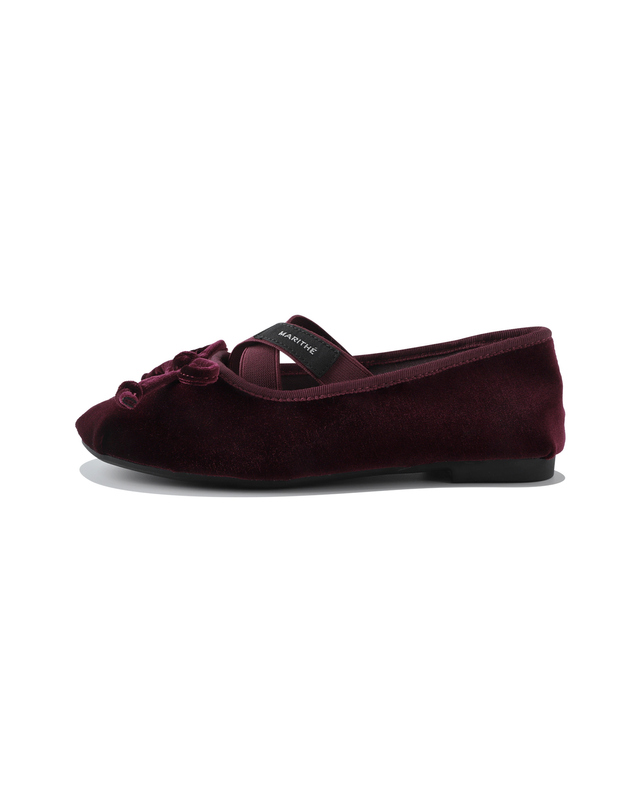 마리떼 키즈 마리떼 키즈 KIDS W CROSS BANDING VELVET FLAT SHOES burgundy 착용컷