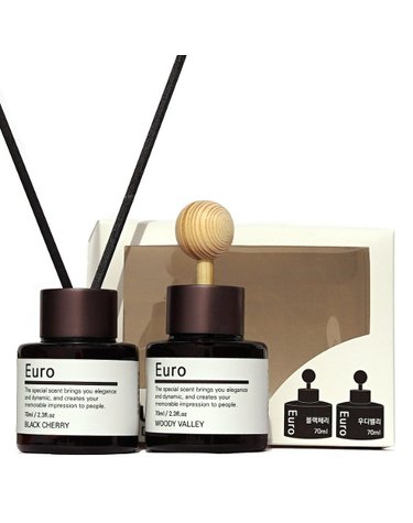 [70ml 2개세트] 유로 차량용 미니어처 디퓨저+리드스틱+우드볼 실내방향제 인테리어