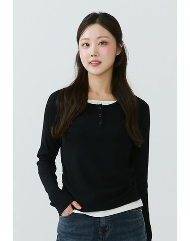 [26SS] 여성) 헨리넥 레이어드 골지 긴팔 티셔츠 AQ1WTL256-BK