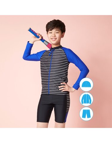 [보리보리] 스트라이프 집업 래쉬가드 수모 세트 블랙 남아동 3피스 BEB-R702K