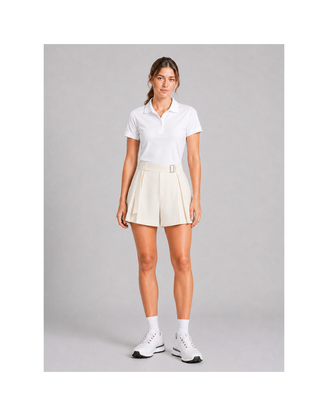 말본골프 MALBON GOLF [갤러리아] 말본 여성 아마라 골프 플리츠 반바지 아이보리 MW0119 착용컷