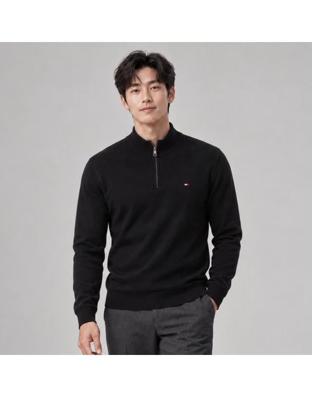타미힐피거 타미힐피거 플래그 코튼 모크넥 하프 집업 니트 MW37331 착용컷