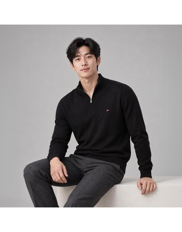 타미힐피거 타미힐피거 플래그 코튼 모크넥 하프 집업 니트 MW37331 착용컷