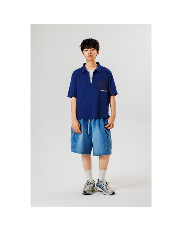 [보리보리/엔오비오]주머니 우븐패치 카라 티셔츠 NAVY
