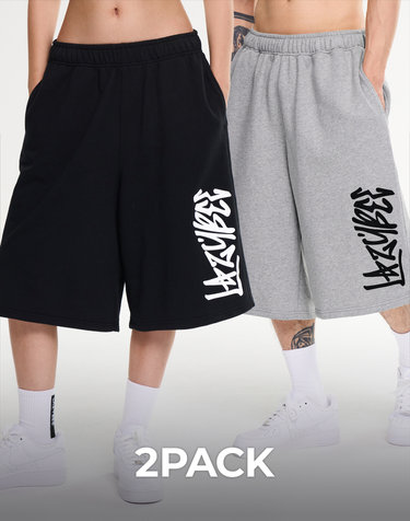 [2PACK] 자이언트핏 와이드 버뮤다 스웨트 팬츠 빅로고 헬스 운동복 반바지 W (2컬러)