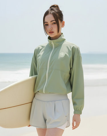 [SET] 쿨터치 크롭 여성 집업 래쉬가드 + 2in1 쇼츠 반바지 세트 올리브