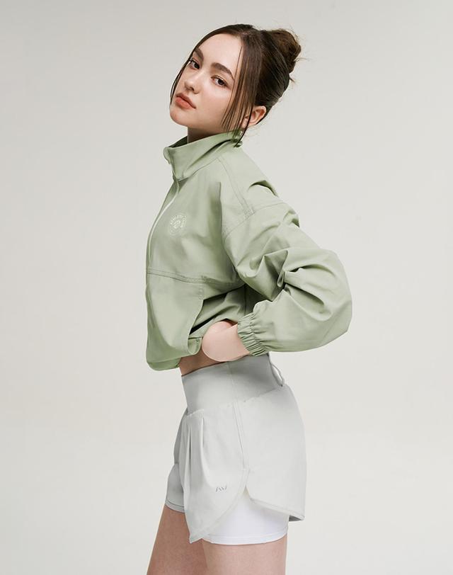 레이지비 [SET] 쿨터치 크롭 여성 집업 래쉬가드 + 2in1 쇼츠 반바지 세트 올리브 착용컷