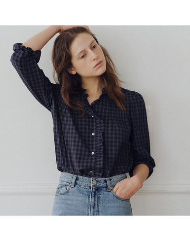 check pin-tuck blouse (navy)