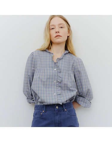 check pin-tuck blouse (soft blue)