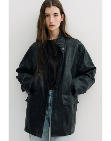 padded vintage leather half coat (black)