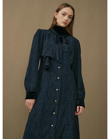 [와이제이] velvet collar dot print one piece_navy