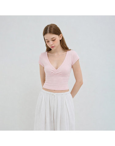 CUTTING V-NECK SHORT SLEEVE T SHIRT LIGHT PINK