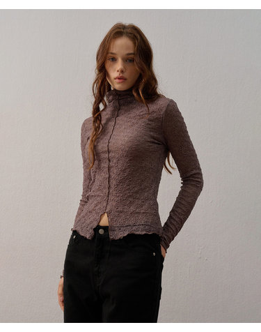 SLIT LACE LAYERED TURTLENECK T-SHIRT BROWN