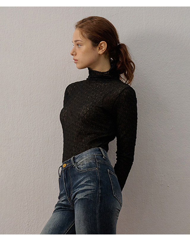 카미노 SLIT LACE LAYERED TURTLENECK T-SHIRT BLACK 착용컷