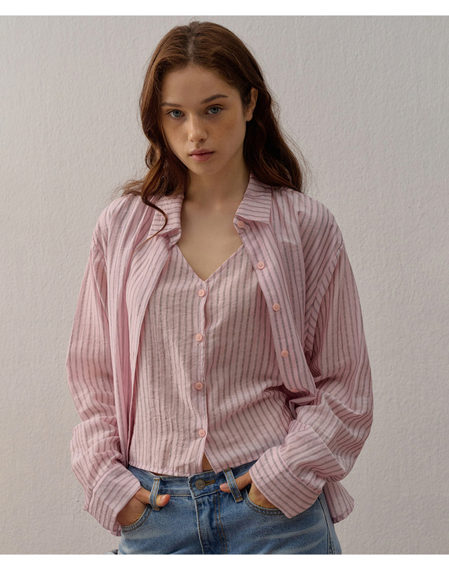 카미노 STRAP LAYERED SHIRT STRIPE PINK 착용컷