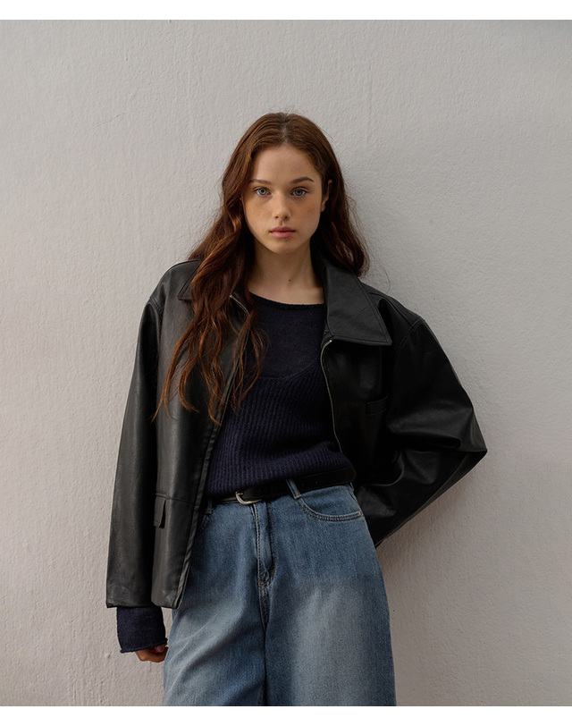 카미노 BASIC LEATHER JACKET BLACK 착용컷