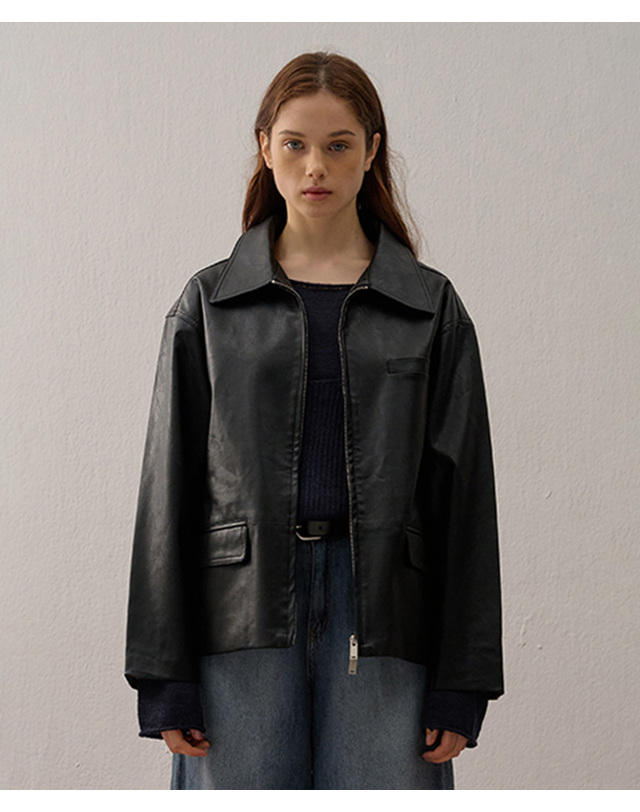 카미노 BASIC LEATHER JACKET BLACK 착용컷