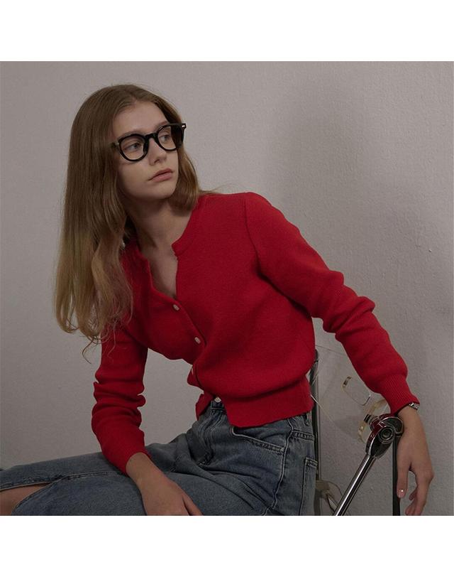 카미노 [카미노] SLIT RIBBED KNIT CARDIGAN RED 착용컷