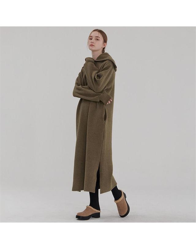 카미노 [카미노] RIBBED HALF ZIP-UP KNIT ONEPIECE KHAKI 착용컷