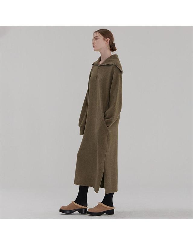 카미노 [카미노] RIBBED HALF ZIP-UP KNIT ONEPIECE KHAKI 착용컷